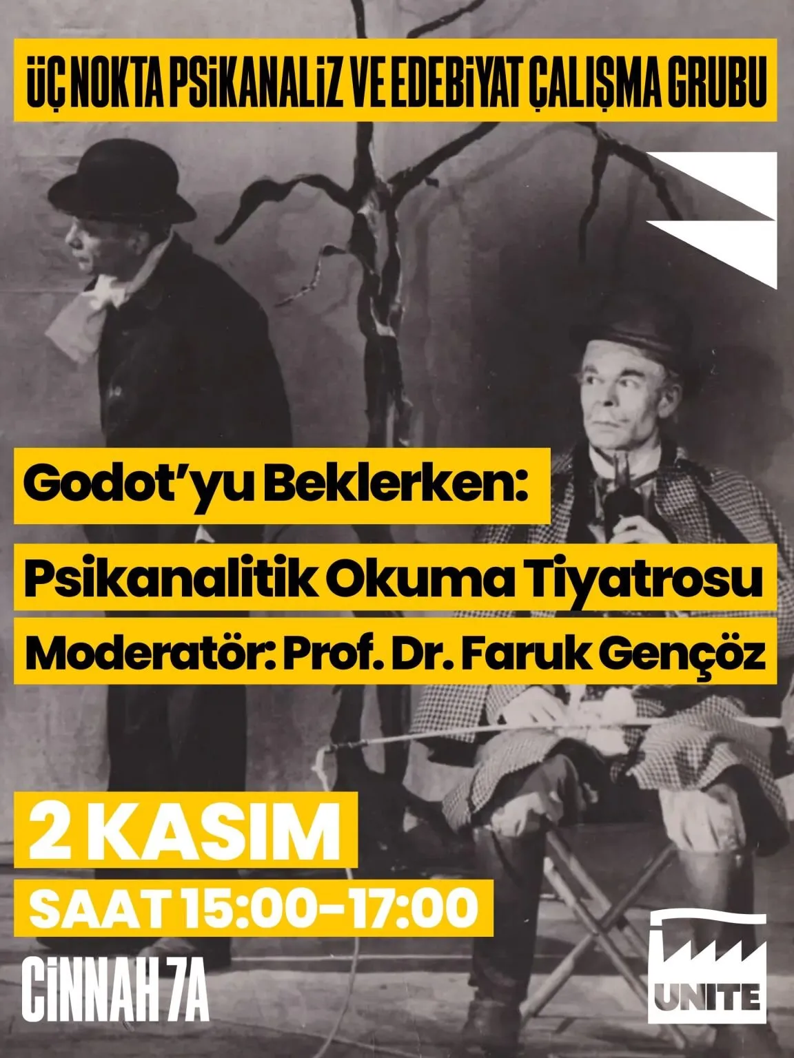 Üç Nokta Psikanaliz ve Edebiyat Çalışma Grubu afişi: Godot'yu Beklerken, Psikanalitik Okuma Tiyatrosu. Moderatör Prof. Dr. Faruk Gençöz, 2 Kasım, Cinnah 7A.
